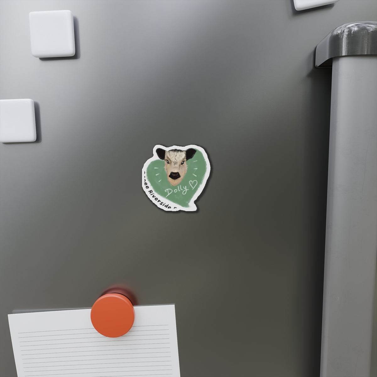 Cute Cow Die-Cut Magnet with playful farm animal design on a refrigerator door