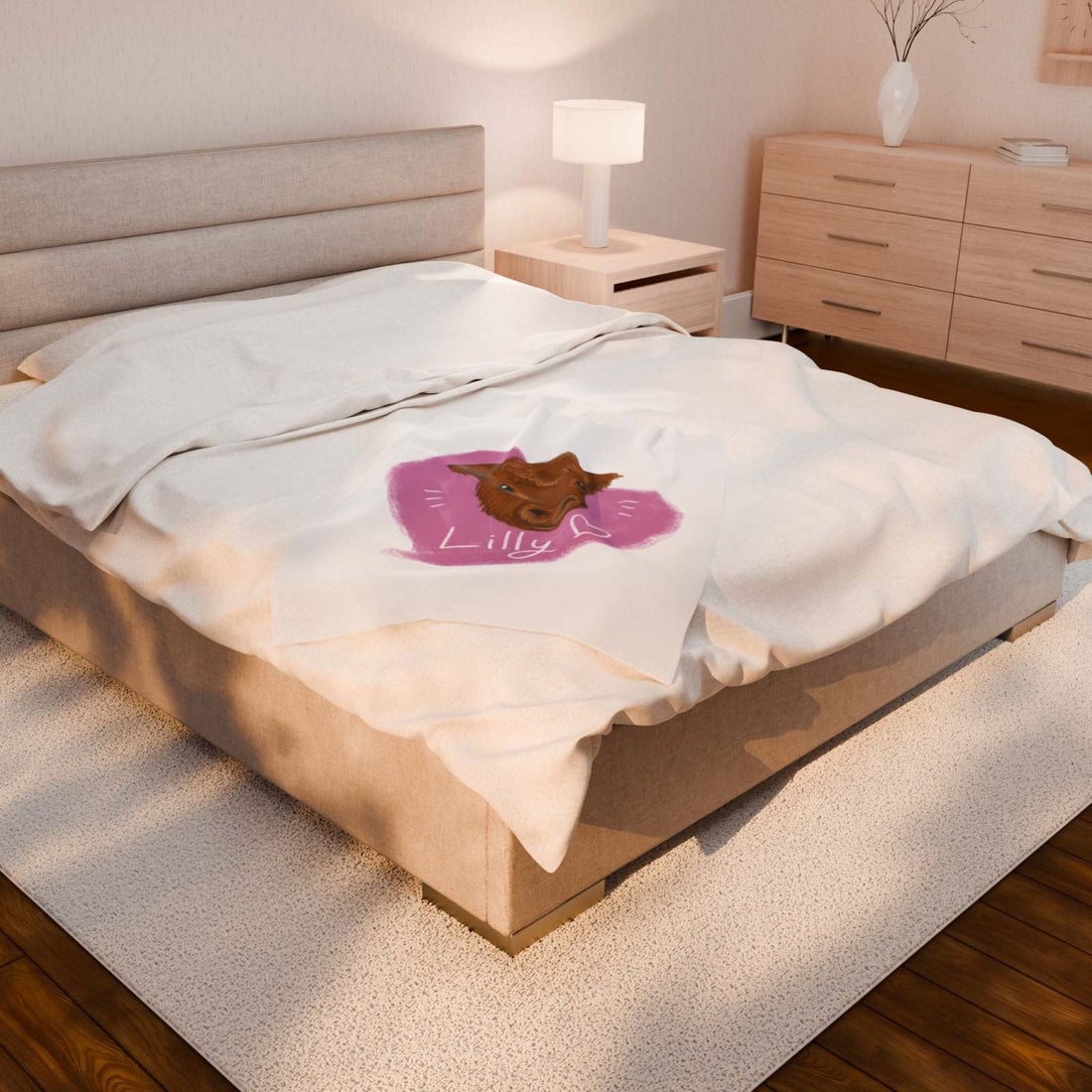 Cozy white plush blanket with cute cow design on bed in modern farmhouse bedroom