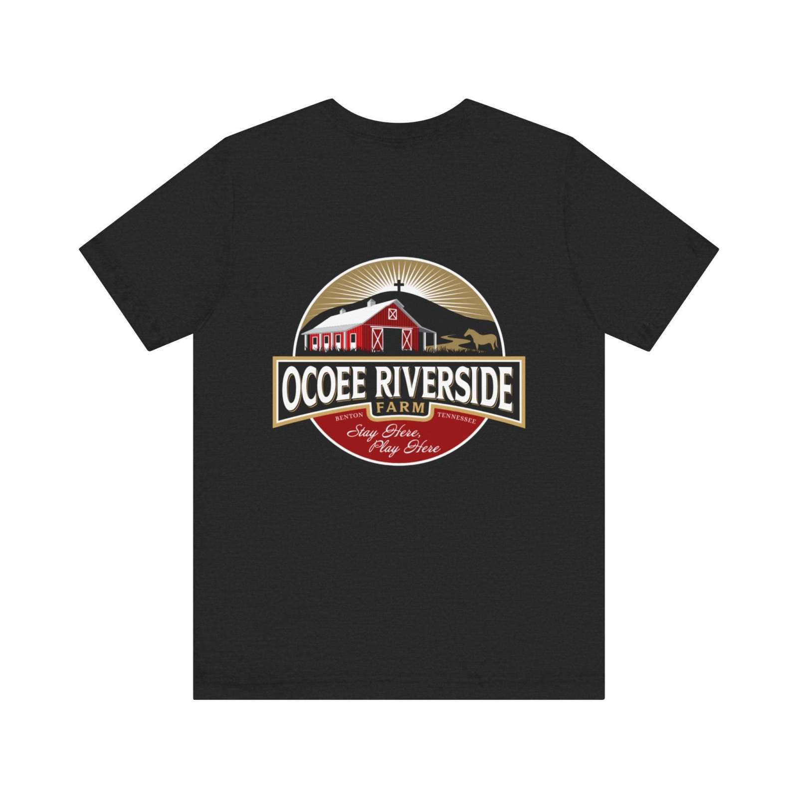 Black unisex t-shirt with Ocoee Riverside Farm barn logo design on back