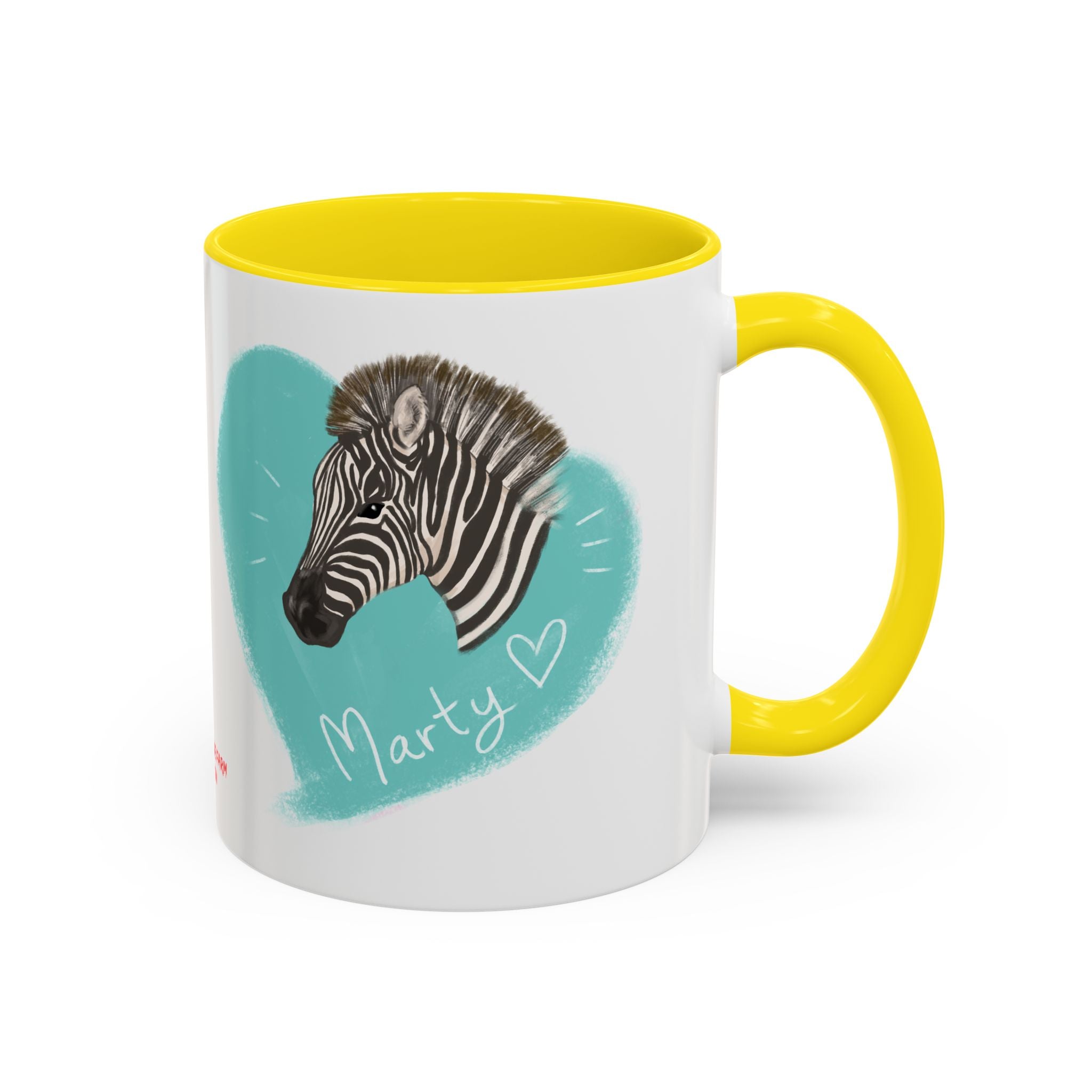 A zebra adorned with the word "Marty" creatively integrated into its stripes at Ocoee Riverside Farm Coffee Mug