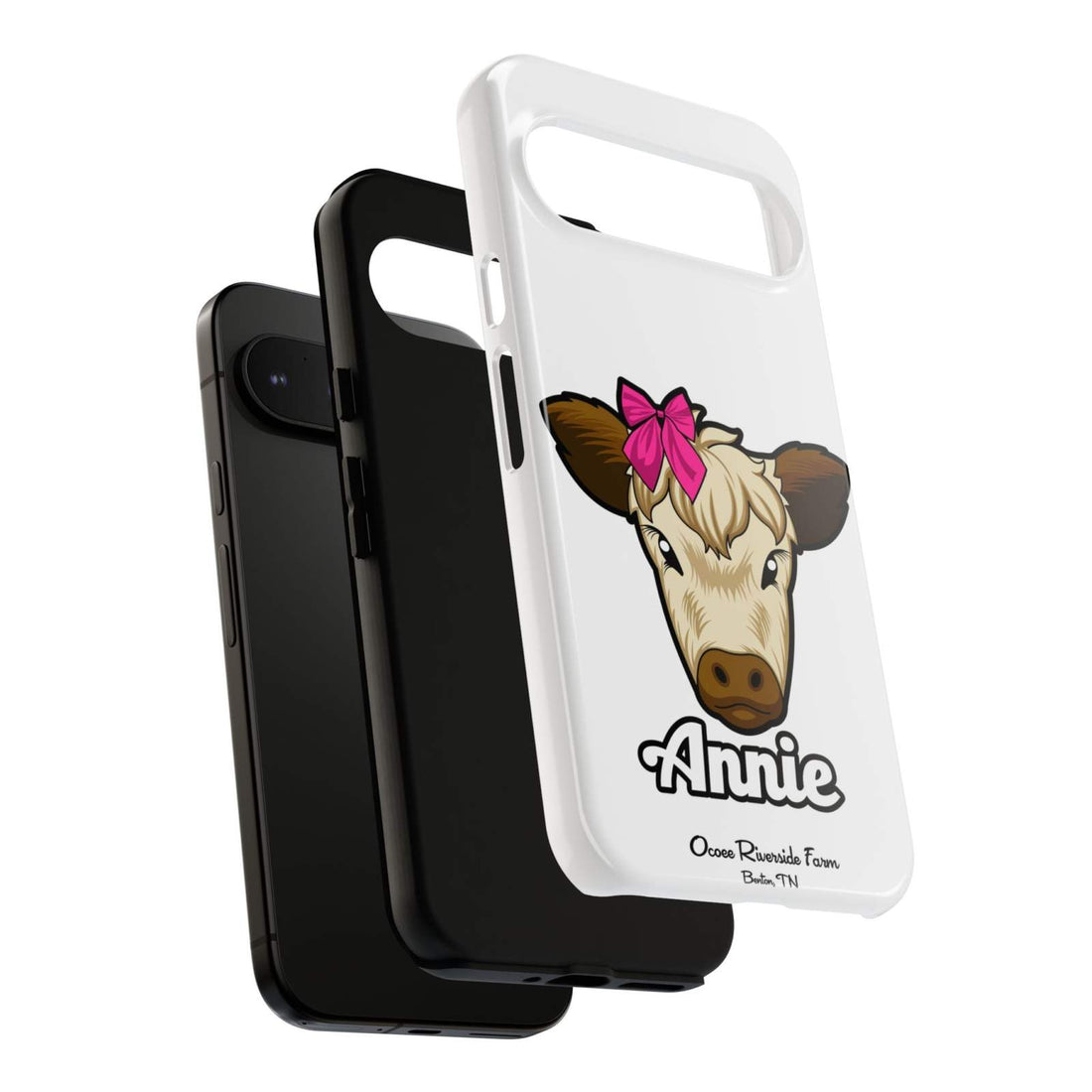 Cute Annie the Cow phone case with red bow for farm animal lovers.