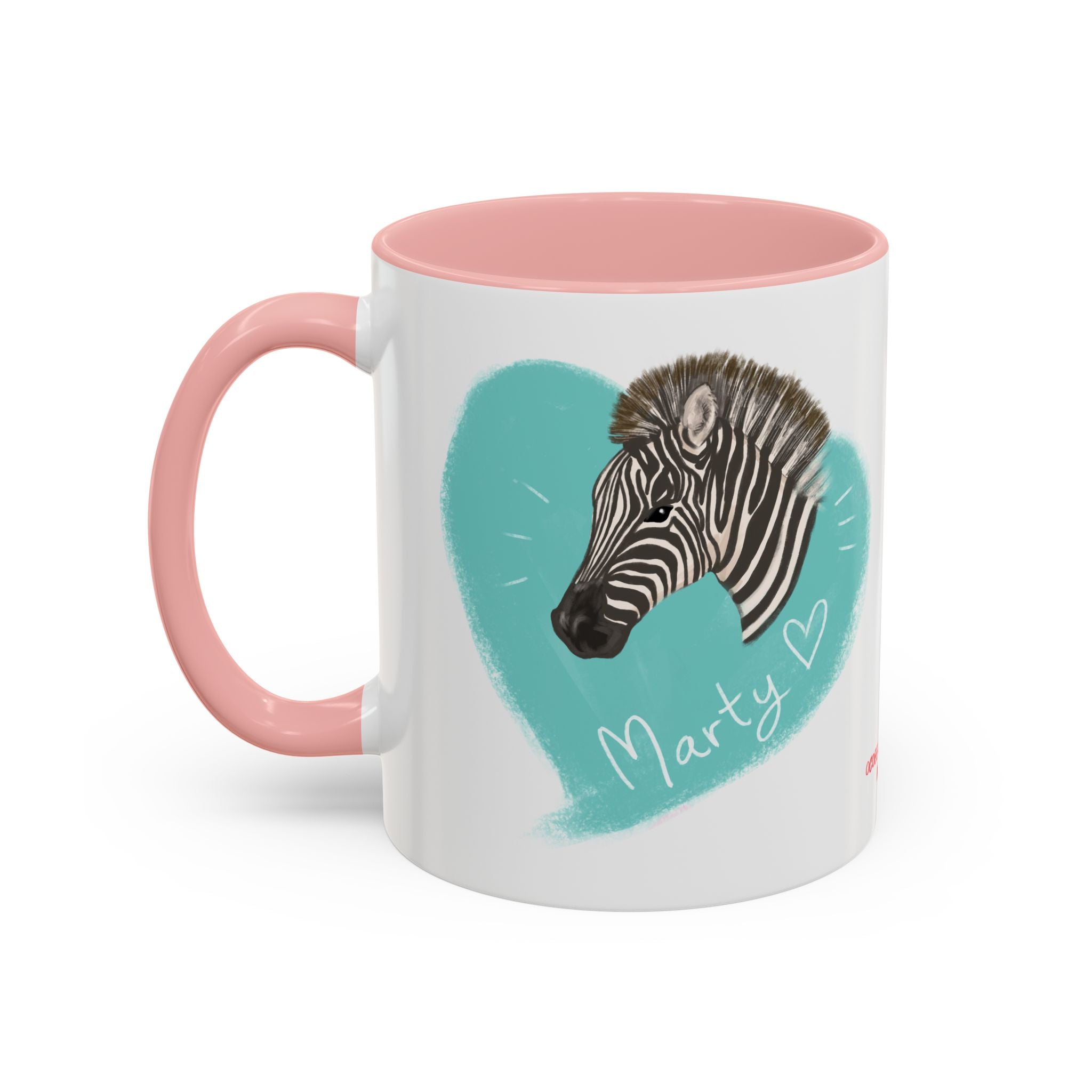 A zebra adorned with the word "Marty" creatively integrated into its stripes at Ocoee Riverside Farm Coffee Mug