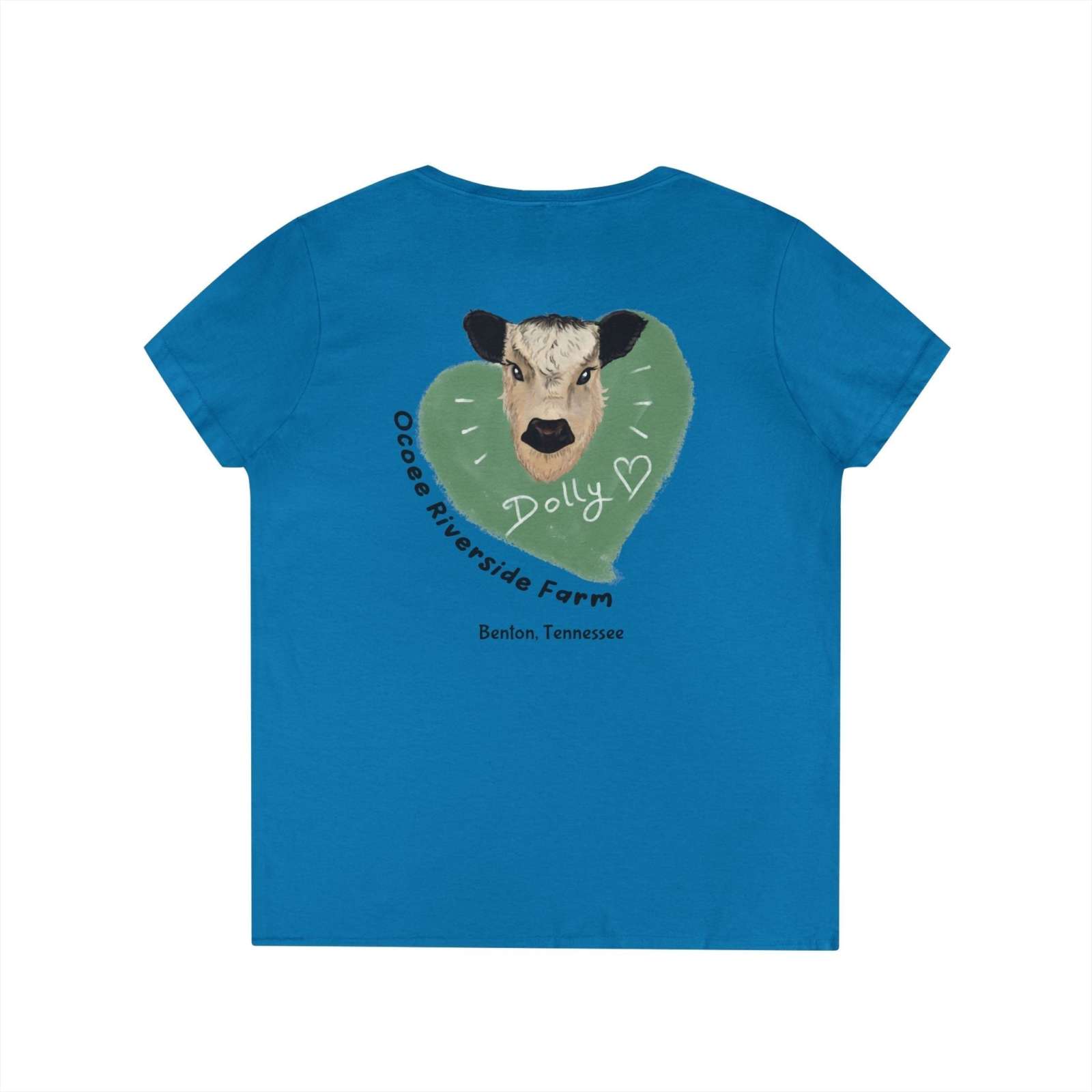 Blue Rustic Farm Style V-Neck women's t-shirt with cow graphic and text on back