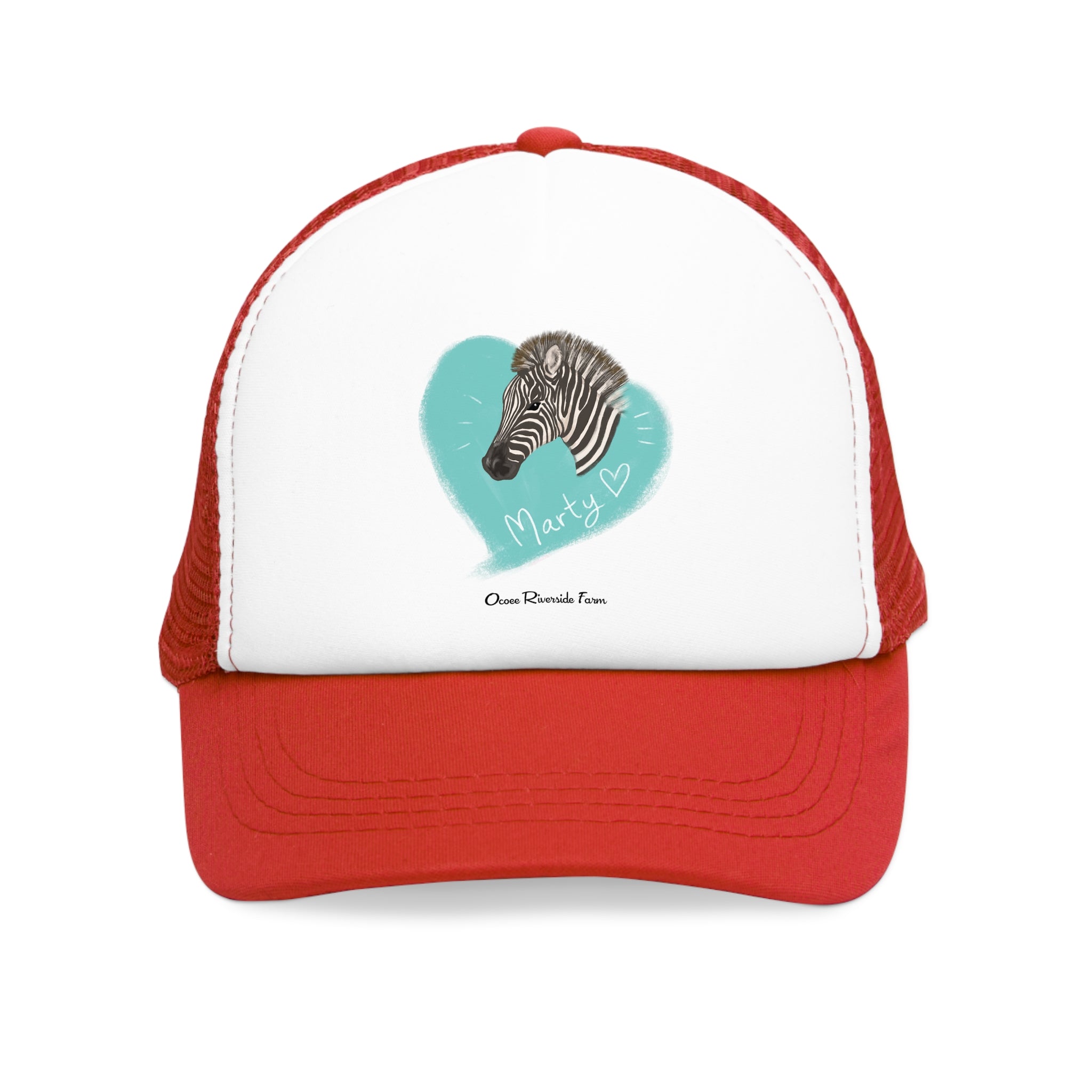 A zebra adorned with the word "Marty" creatively integrated into its stripes at Ocoee Riverside Farm Trucker Cap