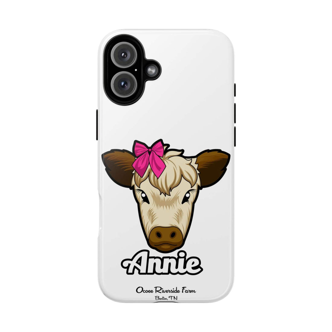 Cute farmhouse phone case featuring Annie the cow with a red bow, ideal farm animal lover gift.