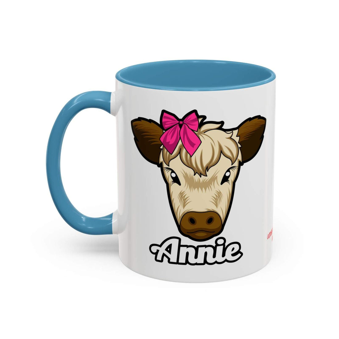 Farmhouse cow coffee mug with Annie design and red bow on high-quality ceramic.