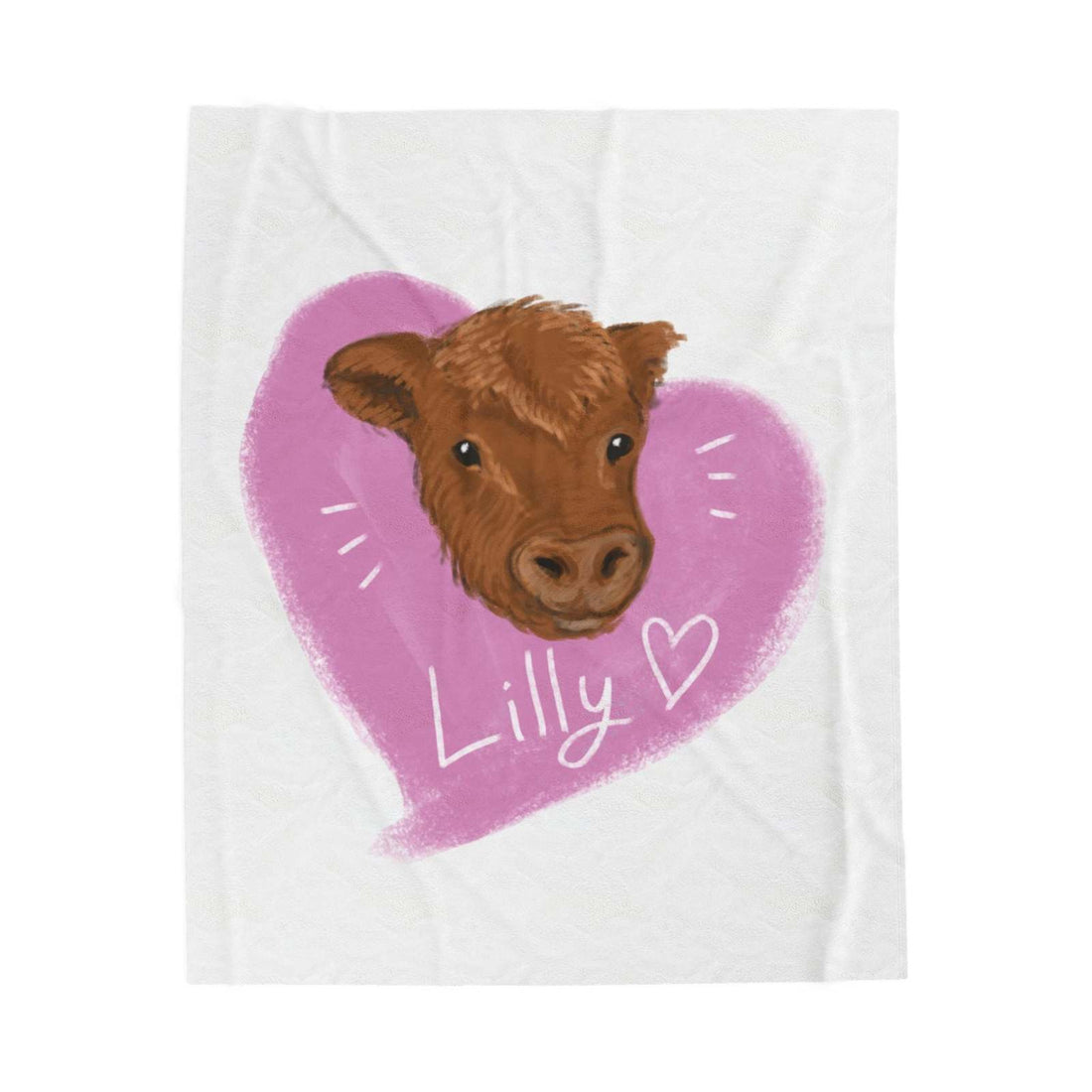 Cute Cow Plush Blanket with brown cow face and pink heart design, cozy farmhouse decor for animal lovers
