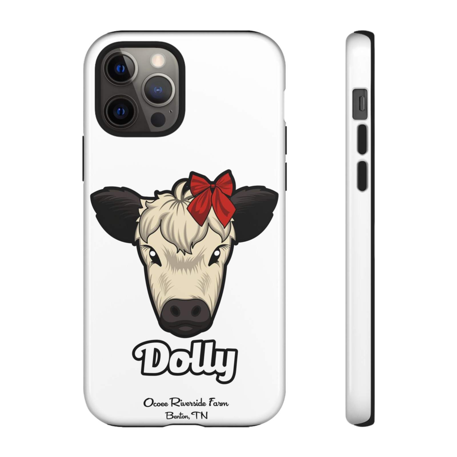 Farmhouse Chic Phone Case featuring Dolly the cow with red bow, durable protective design for farmhouse lovers