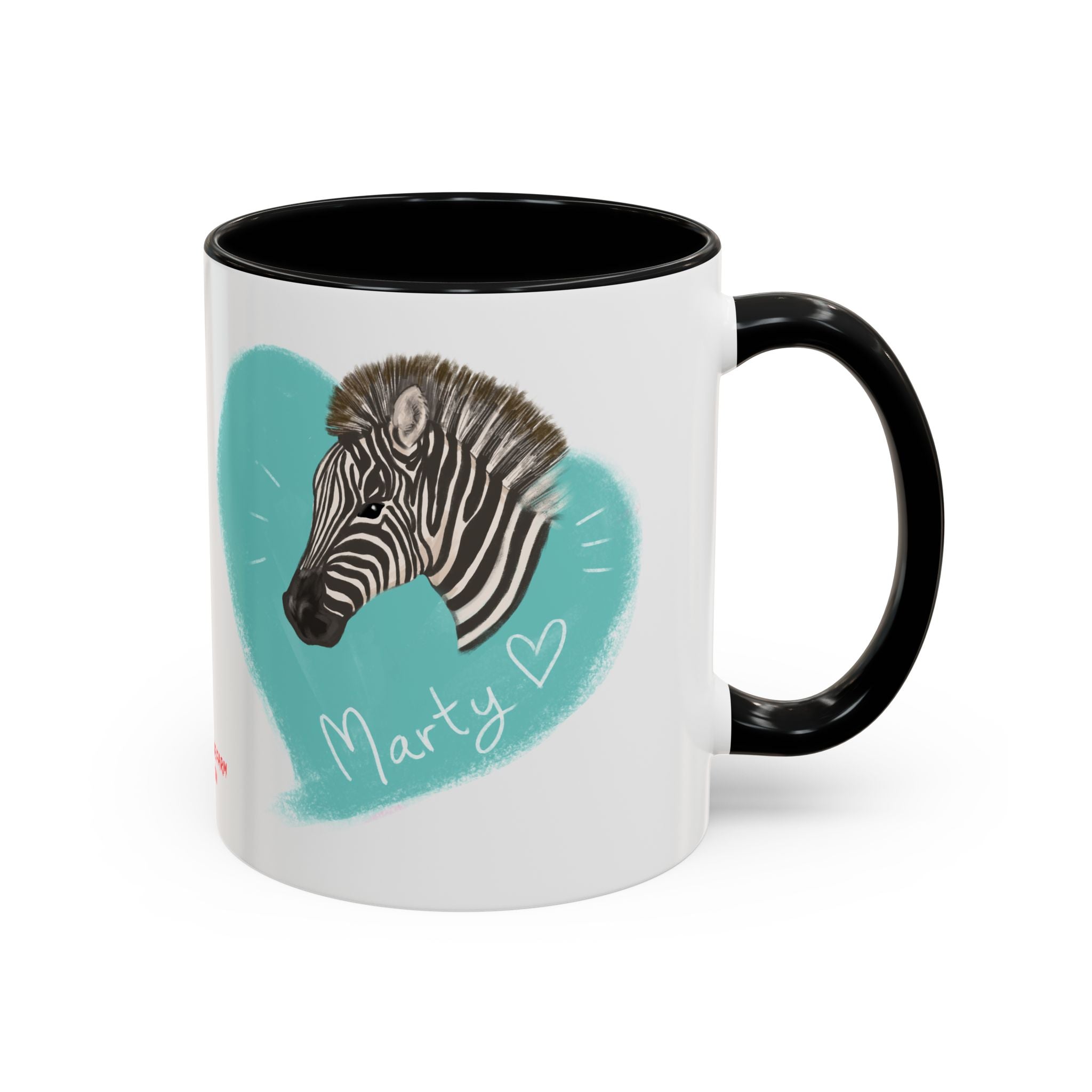 A zebra adorned with the word "Marty" creatively integrated into its stripes at Ocoee Riverside Farm Coffee Mug