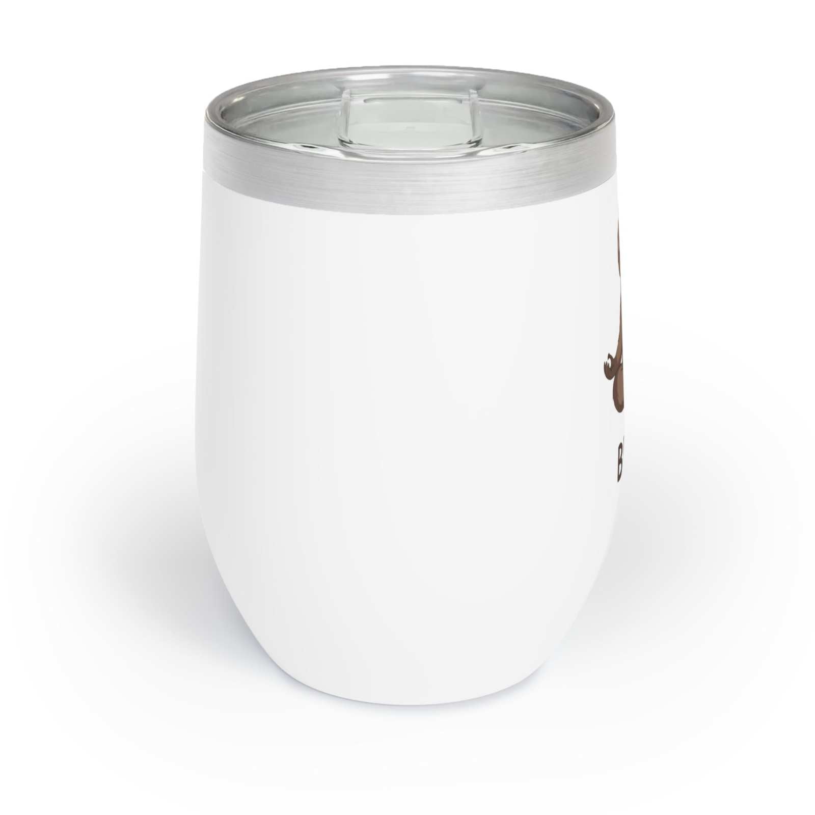 White stainless steel Sloth Wine Tumbler with clear lid, insulated for temperature retention.