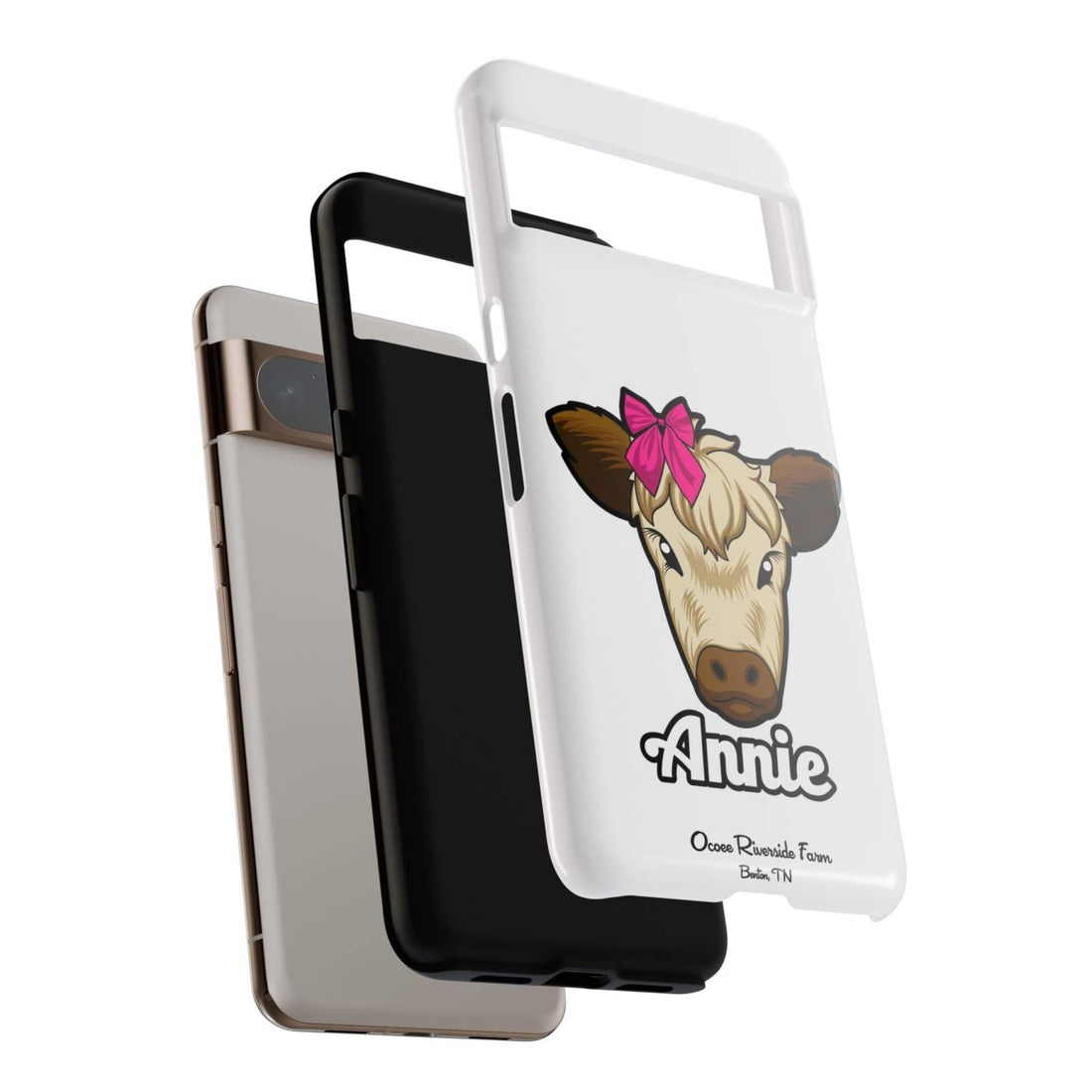 Cute Annie the Cow phone case with farmhouse design and red bow, ideal farm animal lover gift.