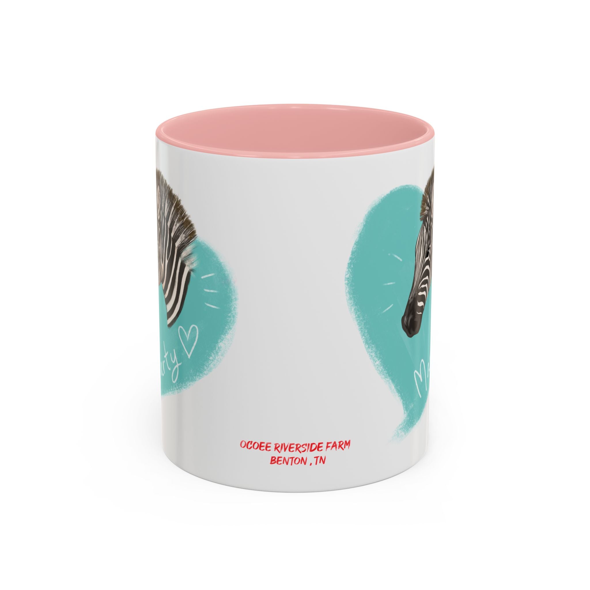 A zebra adorned with the word "Marty" creatively integrated into its stripes at Ocoee Riverside Farm Coffee Mug