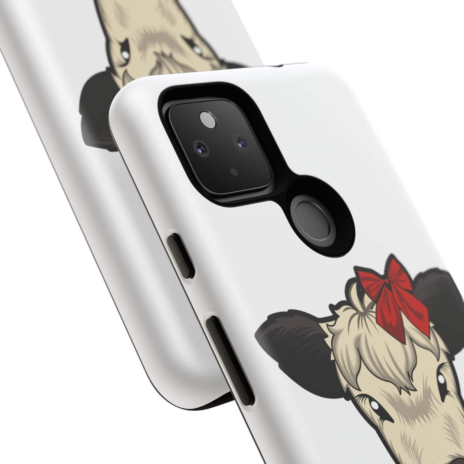 Farmhouse Chic Phone Case featuring Dolly the Cow with red bow design, rustic and durable protection.