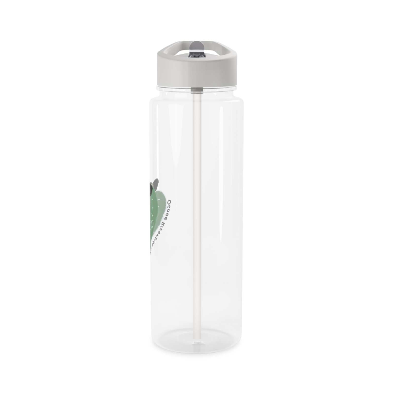 Clear farm-themed water bottle with gray lid and built-in straw, BPA-free Tritan plastic, leak-proof and lightweight design