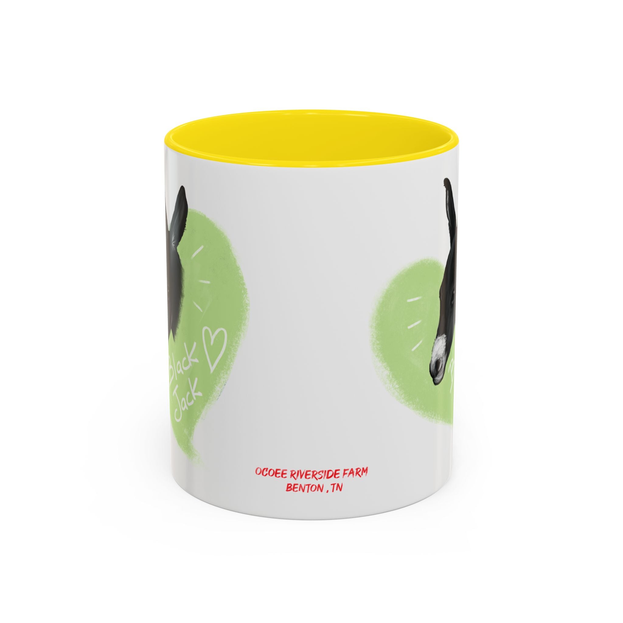 A donkey featuring the words "Black Jack" prominently displayed on its side at Ocoee Riverside Farm Coffee Mug