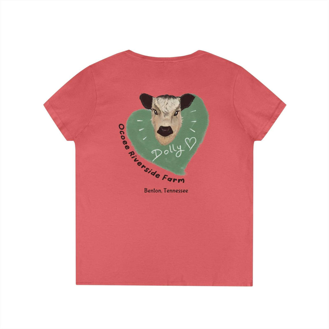 Back view of Rustic Farm Style V-Neck women's t-shirt in coral with cow graphic and "Ocoee Riverside Farm" text