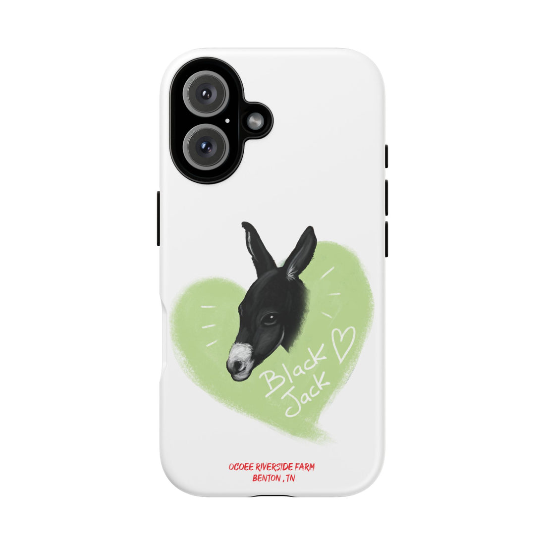 A donkey featuring the words "Black Jack" prominently displayed on its side at Ocoee Riverside Farm Phone Case
