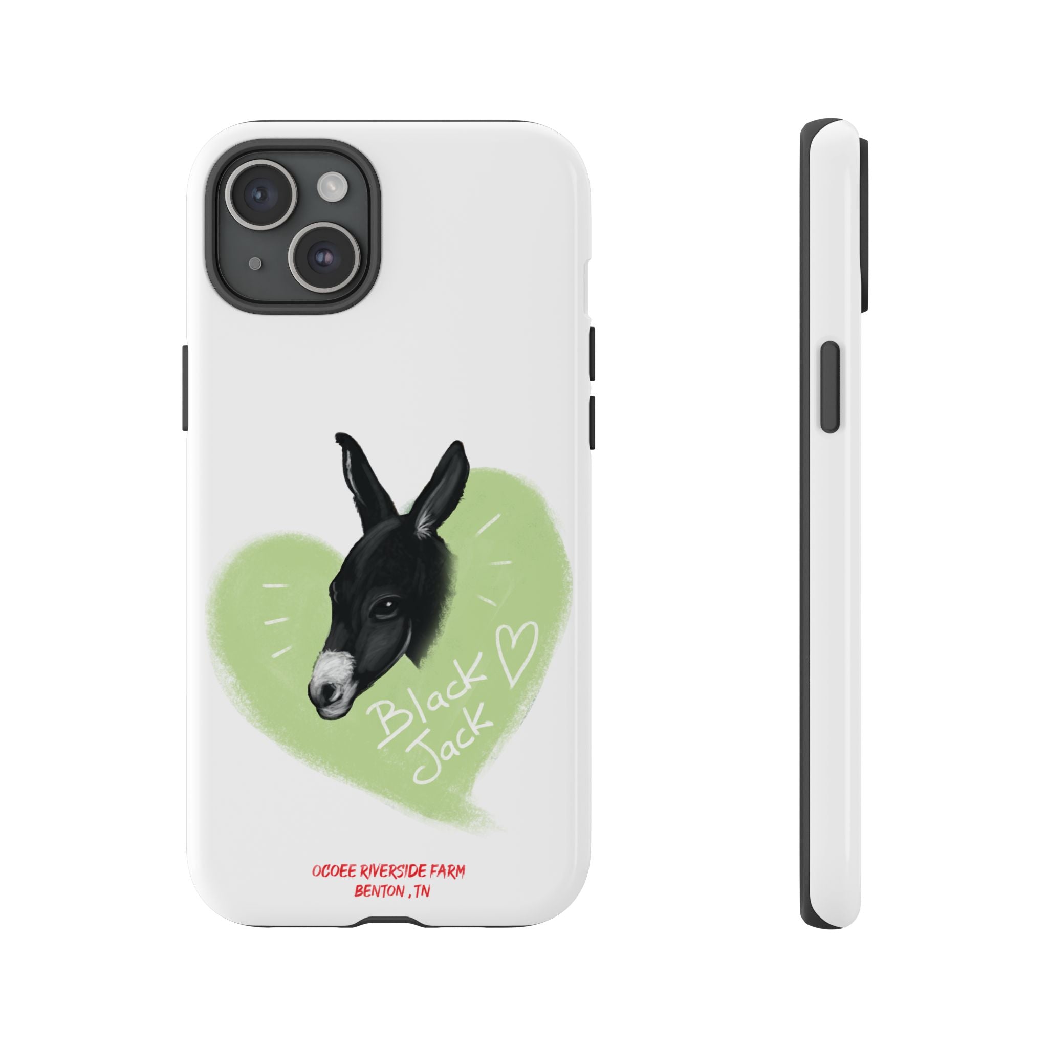 A donkey featuring the words "Black Jack" prominently displayed on its side at Ocoee Riverside Farm Phone Case