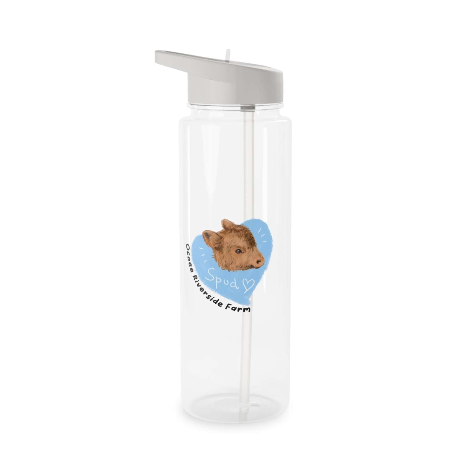 Transparent Cow Tritan water bottle with gray lid and straw, featuring a cute cow illustration and blue heart design.