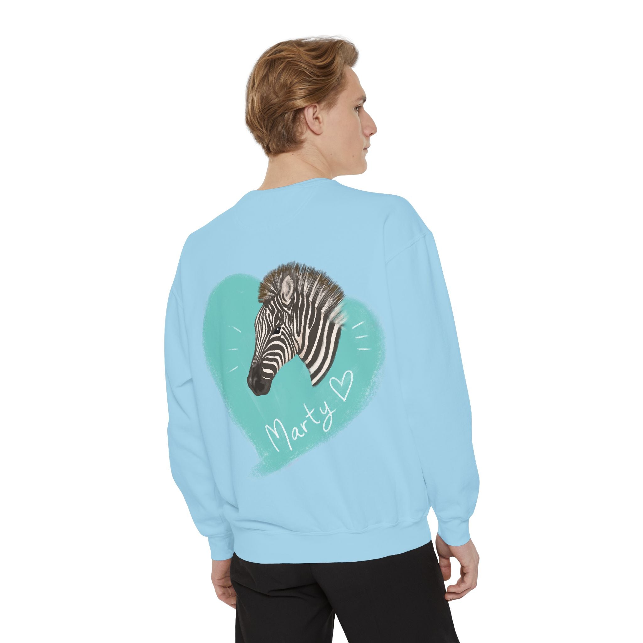 A zebra adorned with the word "Marty" creatively integrated into its stripes at Ocoee Riverside Farm Sweatshirt