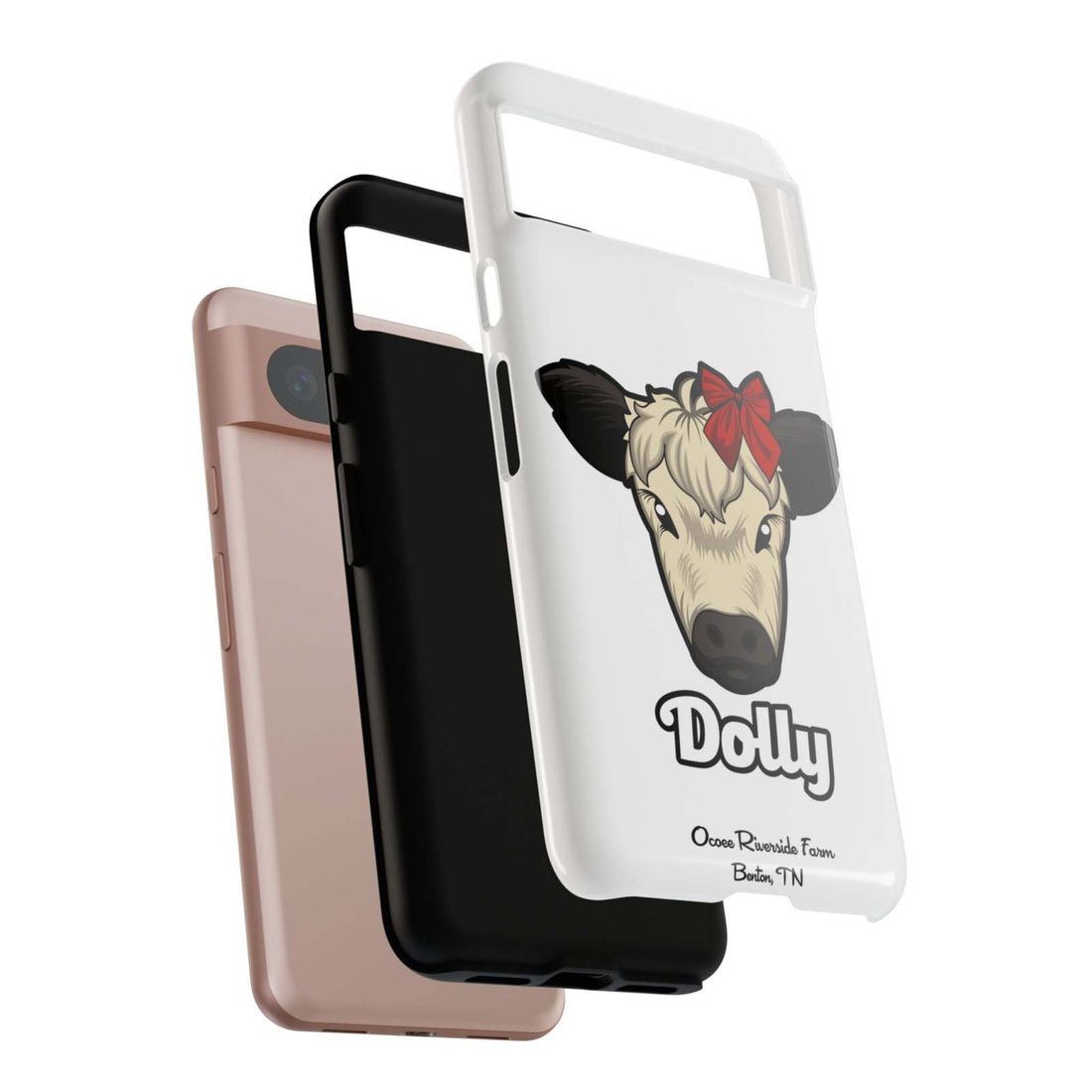 Farmhouse Chic Phone Case with Dolly the Cow design and red bow, offering rustic style and protection.
