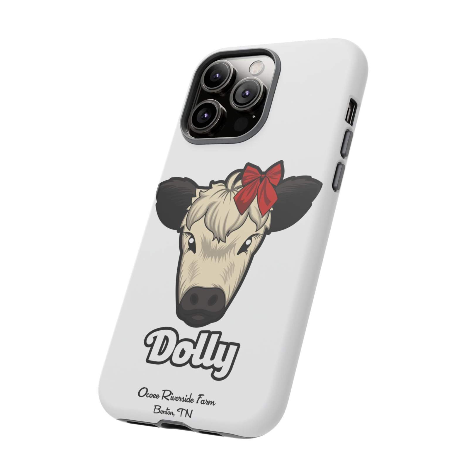 Farmhouse Chic Phone Case with Dolly the Cow design and red bow.