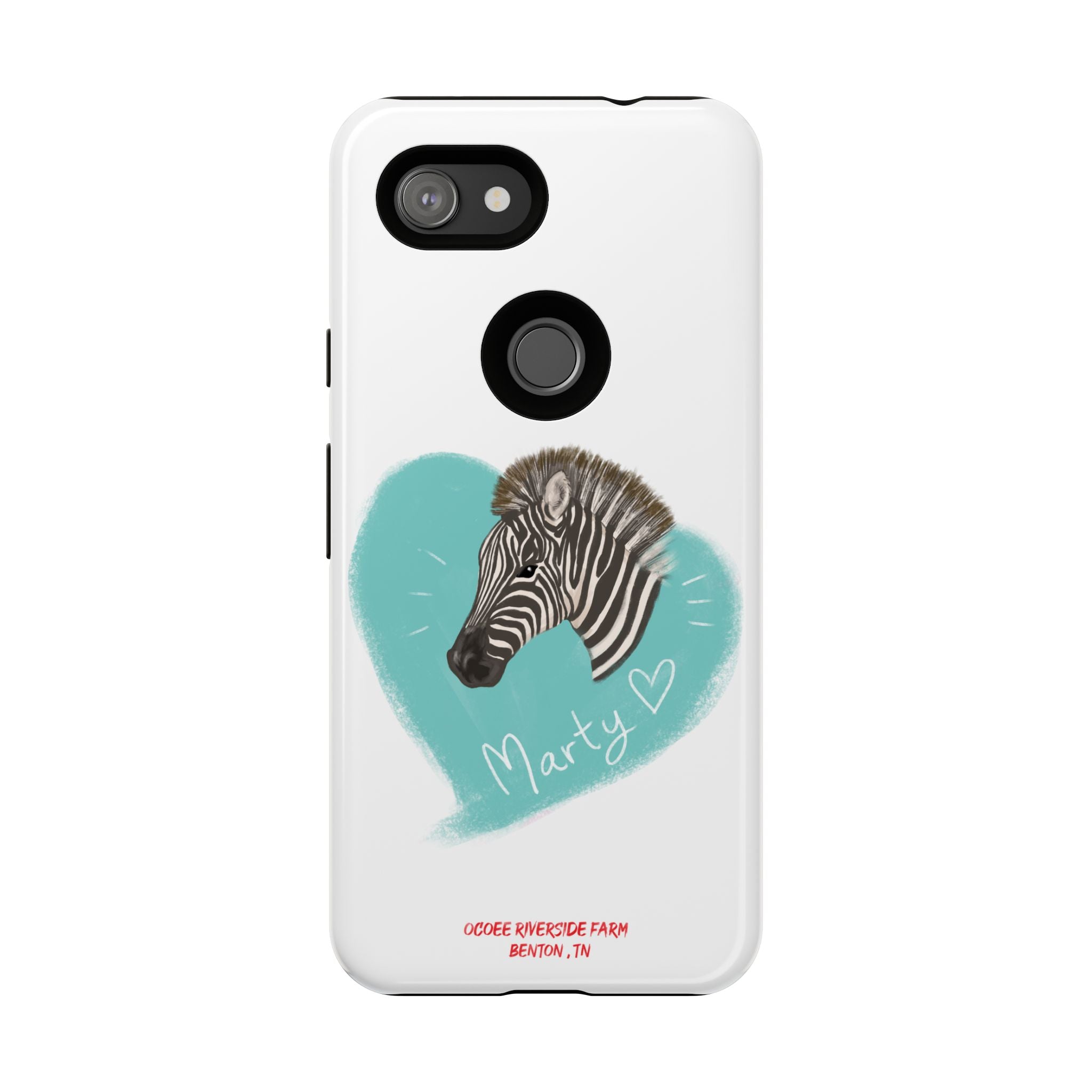 A zebra adorned with the word "Marty" creatively integrated into its stripes at Ocoee Riverside Farm Phone Case