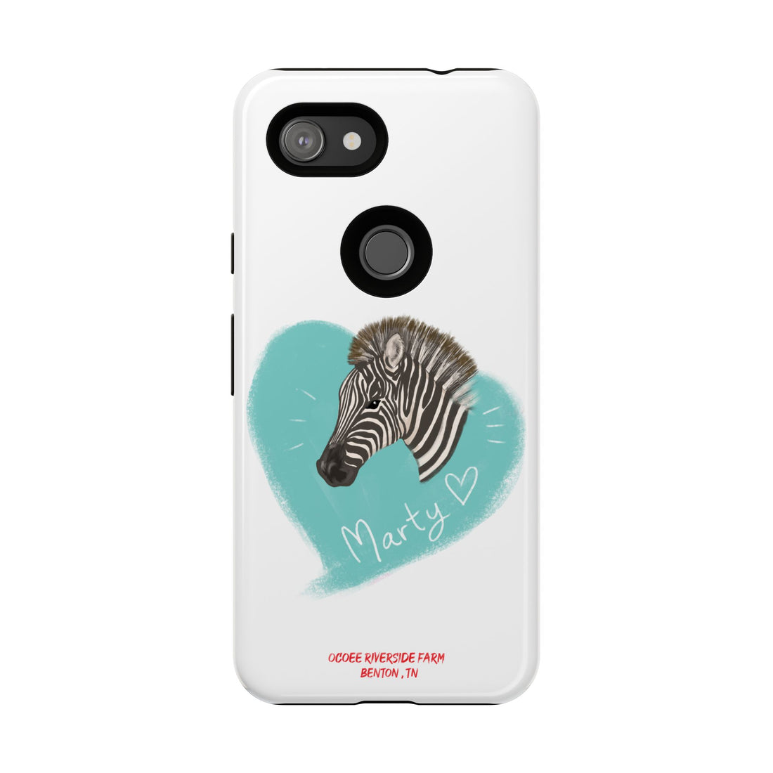 A zebra adorned with the word "Marty" creatively integrated into its stripes at Ocoee Riverside Farm Phone Case