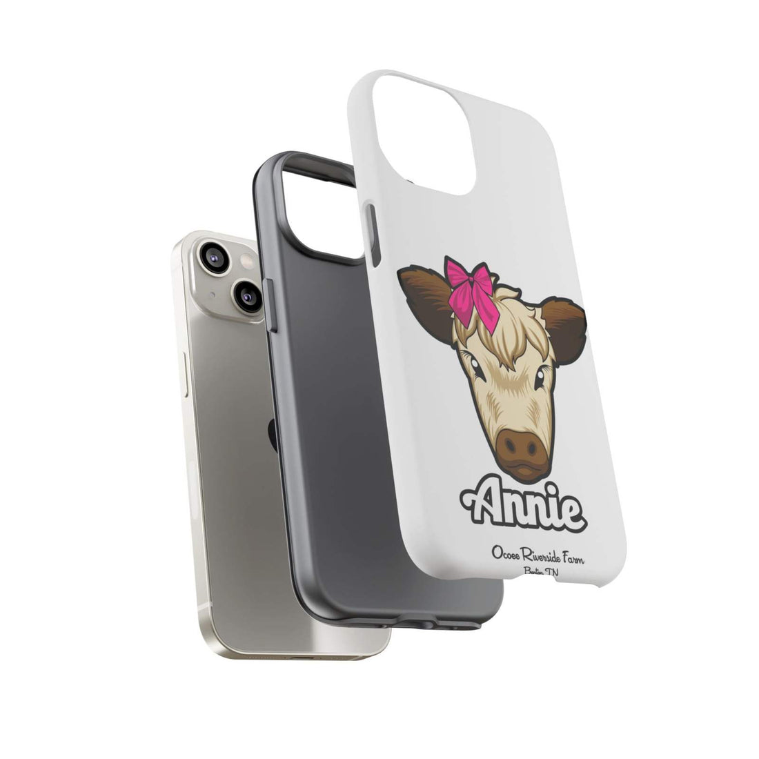 Cute cow phone case with red bow, perfect farm animal lover gift.