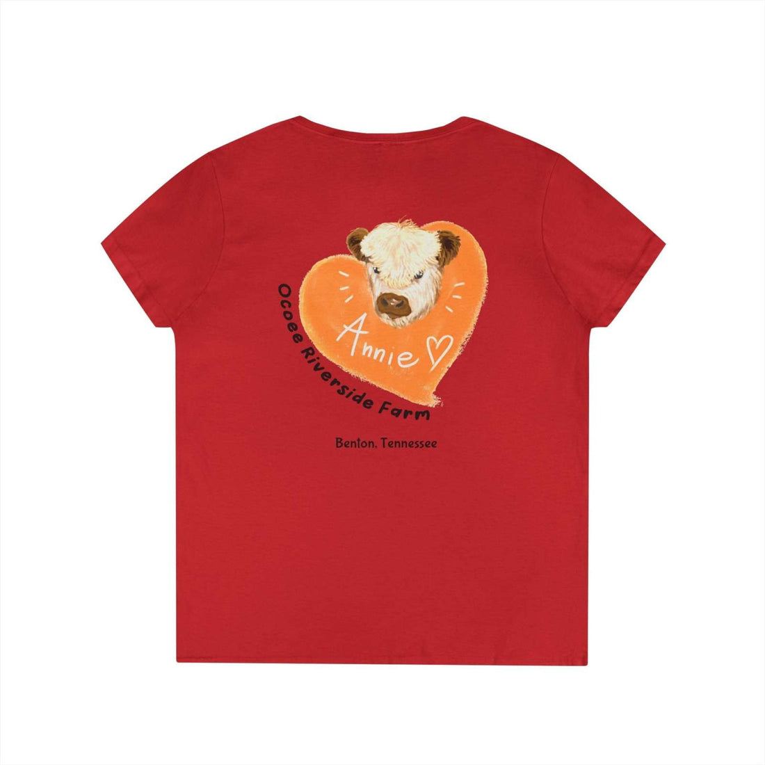 Red Tennessee Farm Life V-Neck shirt for women with Annie cow heart design on the back.