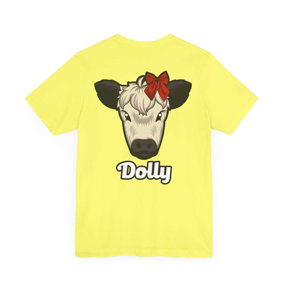 Yellow Country Cow Graphic Tee featuring a cow named Dolly with a red bow and farmhouse style text