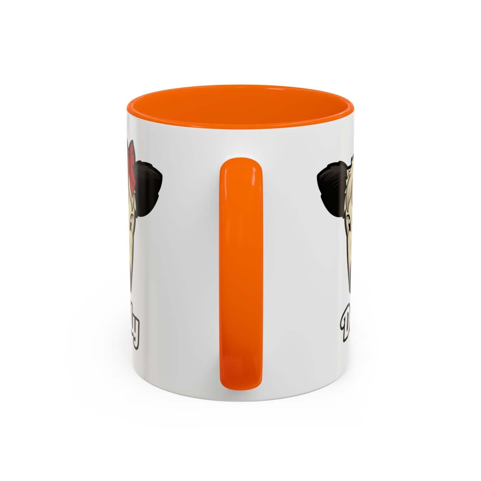 Farm Animal Coffee Mug with orange handle and interior featuring Dolly the cute cow with a red bow illustration