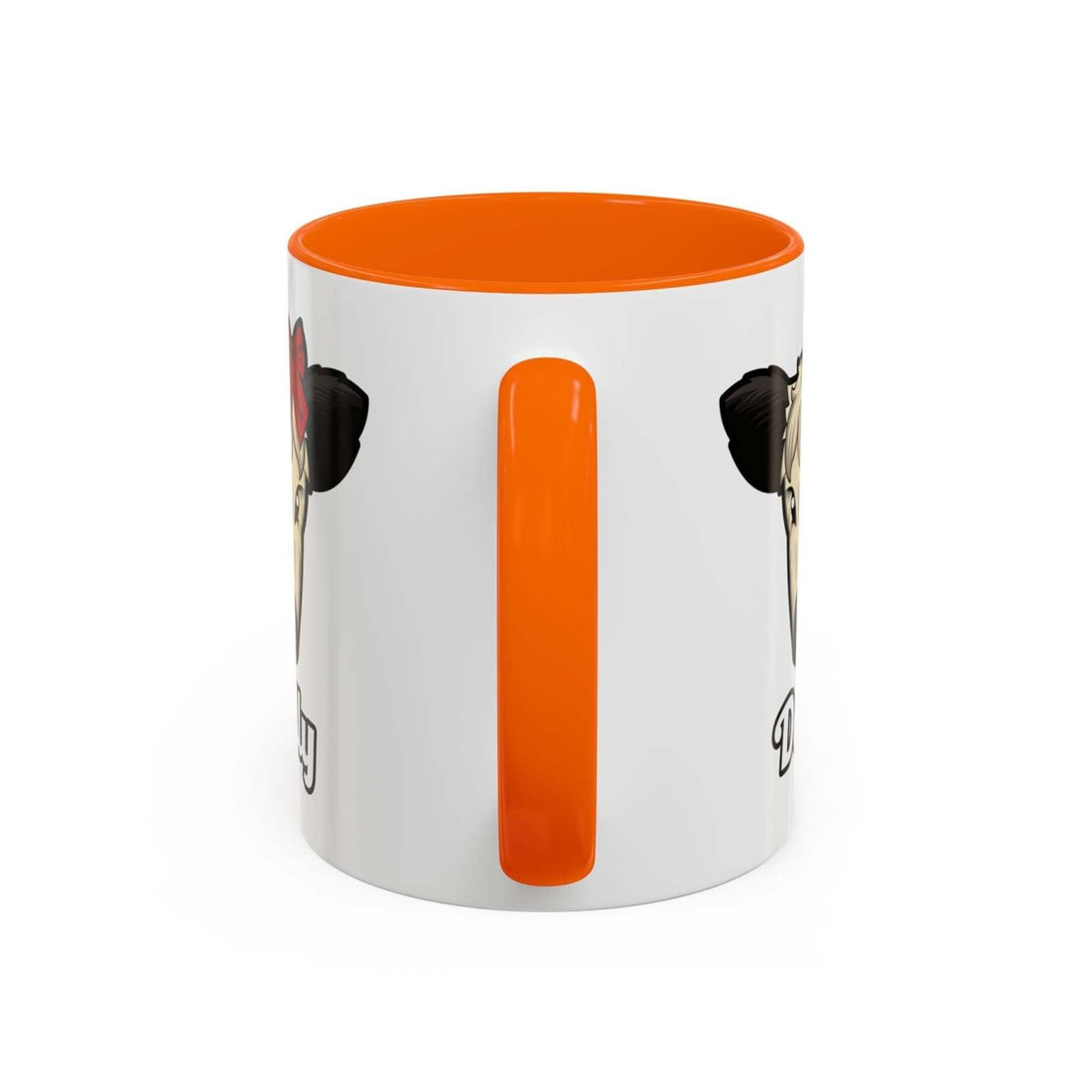 Farm Animal Coffee Mug with orange handle and interior featuring Dolly the cute cow with a red bow illustration