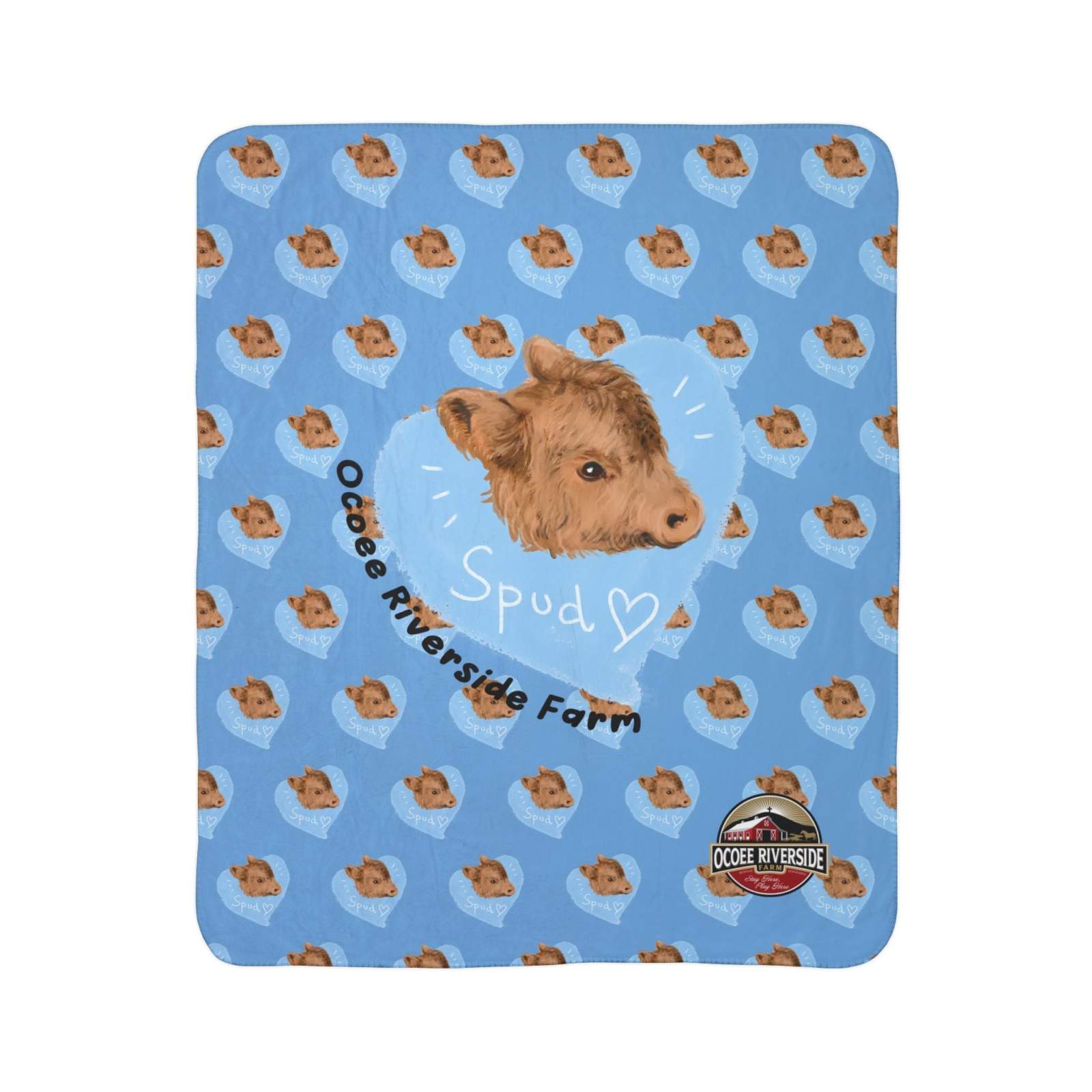 Snuggly Farmhouse Blanket with Spud the Cow design, cozy blue fleece throw with farm theme