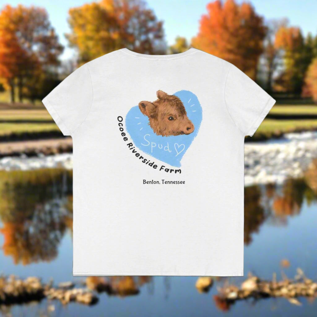 White Rustic Farm Style V-Neck women's t-shirt with cow graphic and "Ocoee Riverside Farm" text on back
