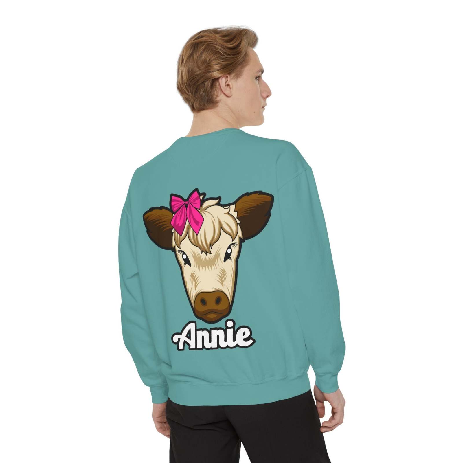 Farm animal sweatshirt featuring Annie the Cow with a red bow, perfect for countryside enthusiasts.