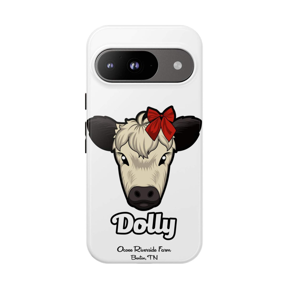 Farmhouse Chic Phone Case featuring Dolly the cow with a red bow and rustic design, durable protective cover for phones