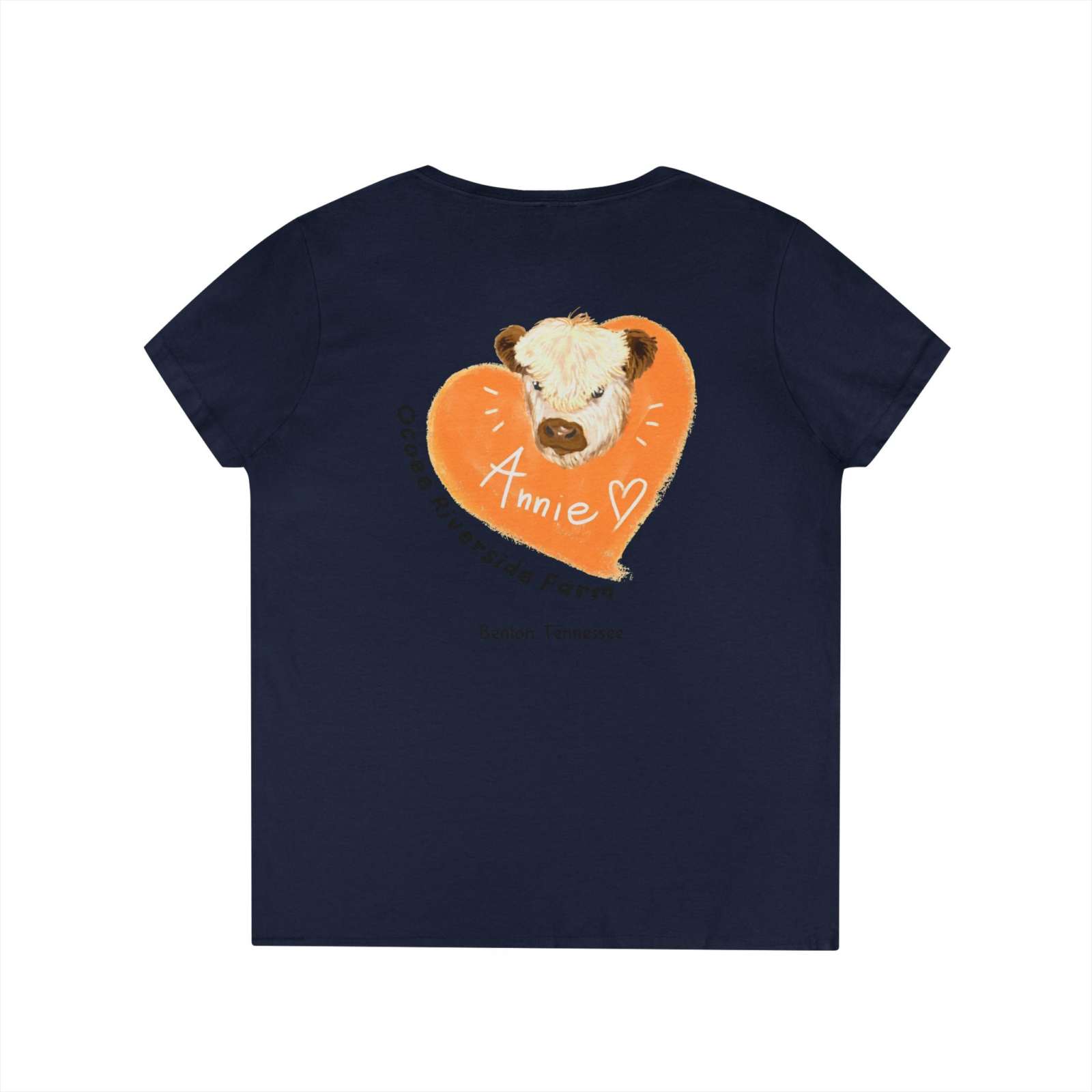 Navy Tennessee Farm Life V-Neck for women featuring a cow's head illustration inside an orange heart with the name Annie and a heart symbol.