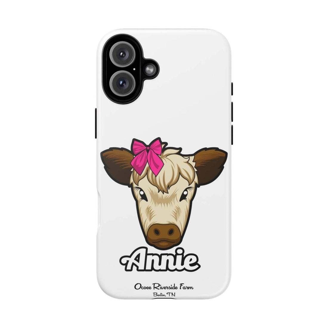 Cute farmhouse cow phone case with red bow, perfect farm animal lover gift.