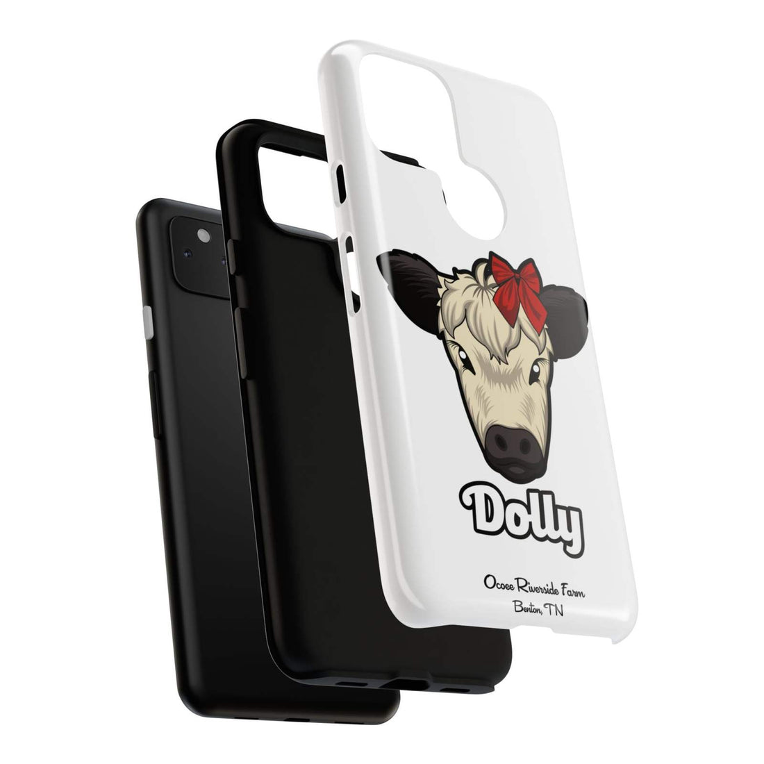 Farmhouse Chic Phone Case with Dolly the Cow design and red bow, rustic style.