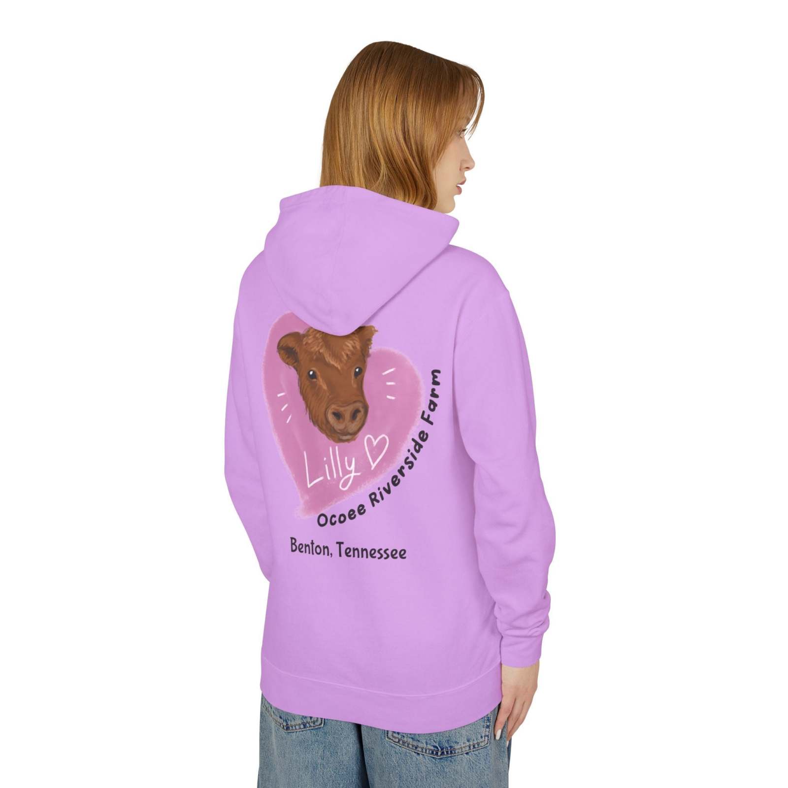 Unisex lightweight Cute Cow Hoodie in lavender with cow face graphic and Ocoee Riverside Farm text on back, made of soft cotton.