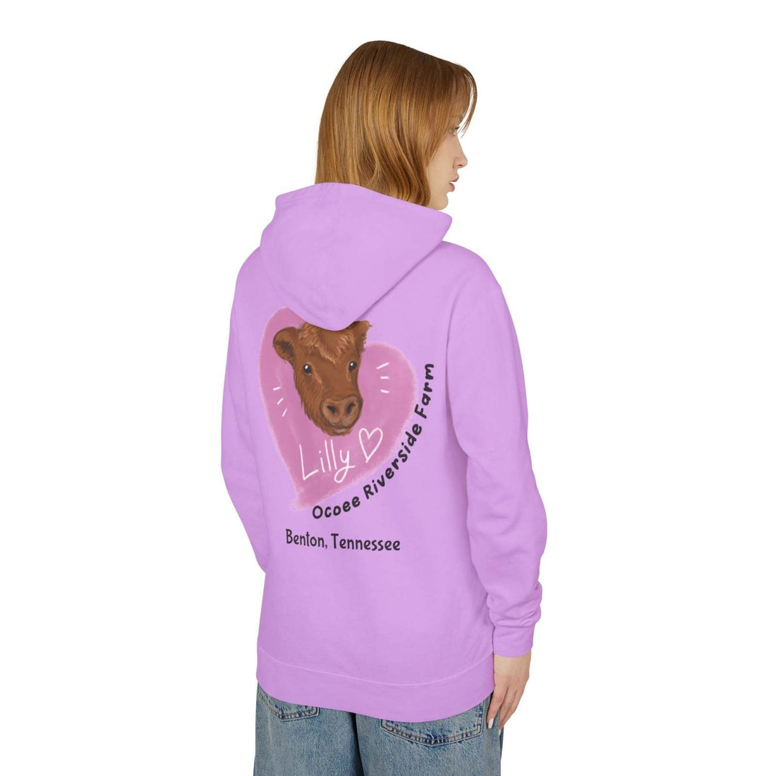 Unisex lightweight Cute Cow Hoodie in lavender with cow face graphic and Ocoee Riverside Farm text on back, made of soft cotton.