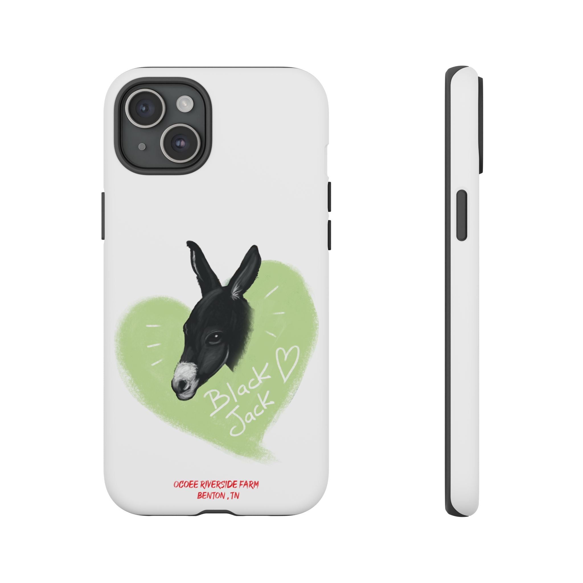 A donkey featuring the words "Black Jack" prominently displayed on its side at Ocoee Riverside Farm Phone Case