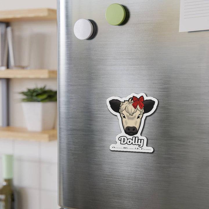 Charming Cow Die-Cut Magnet with cow face and red bow on stainless steel fridge door