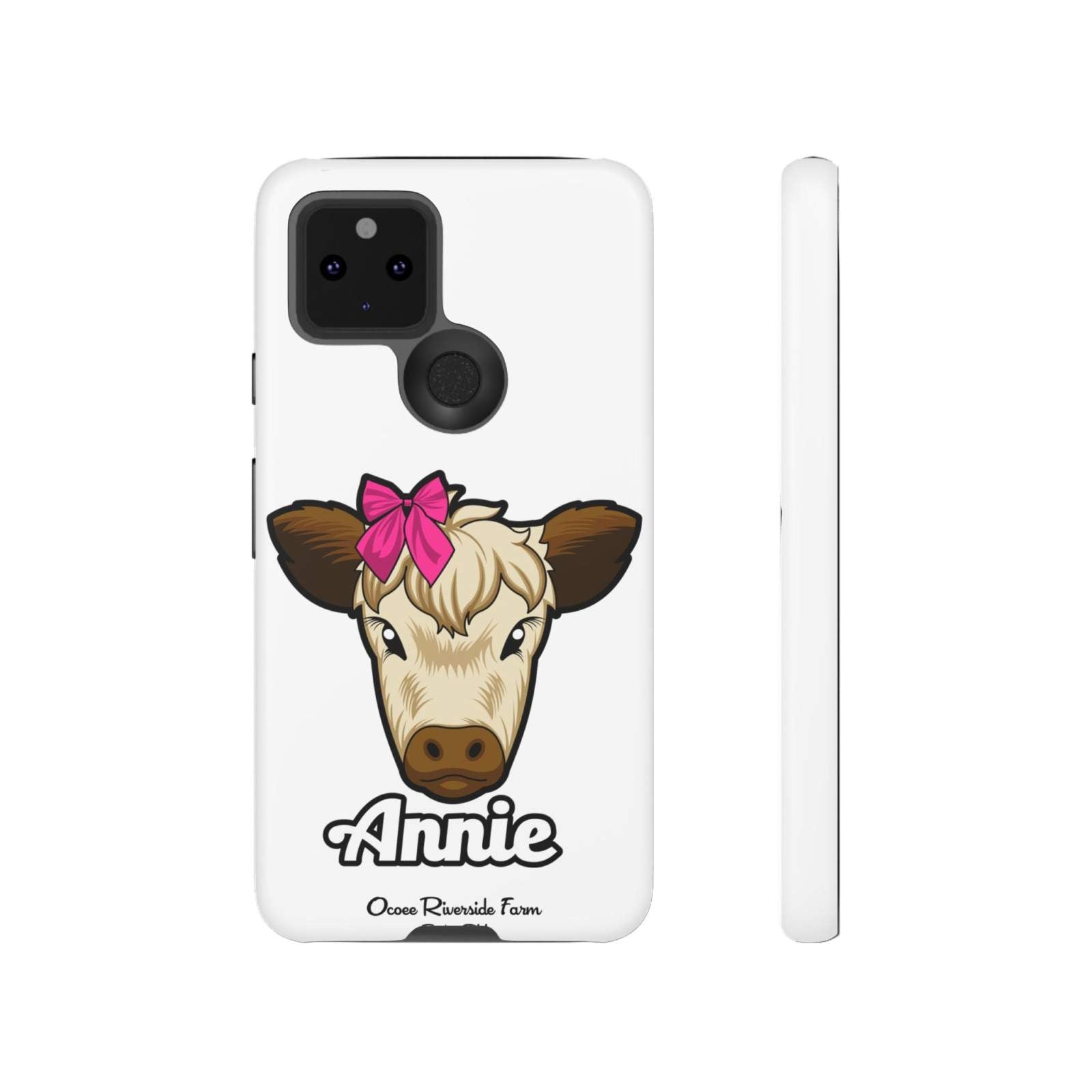 Cute Annie the Cow phone case with red bow, perfect farm animal lover gift, durable and stylish design by Ocoee Riverside.