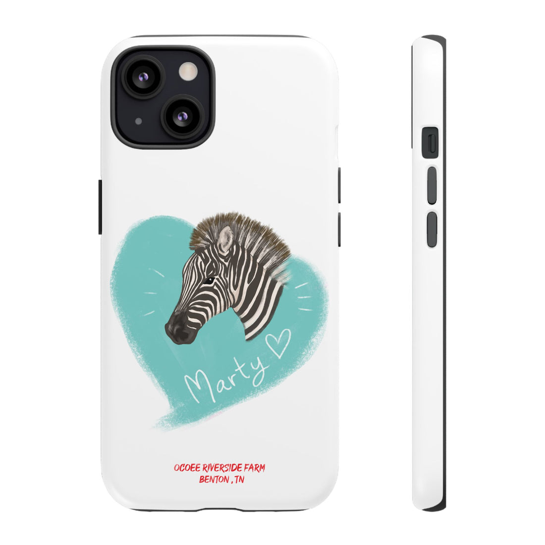 A zebra adorned with the word "Marty" creatively integrated into its stripes at Ocoee Riverside Farm Phone Case