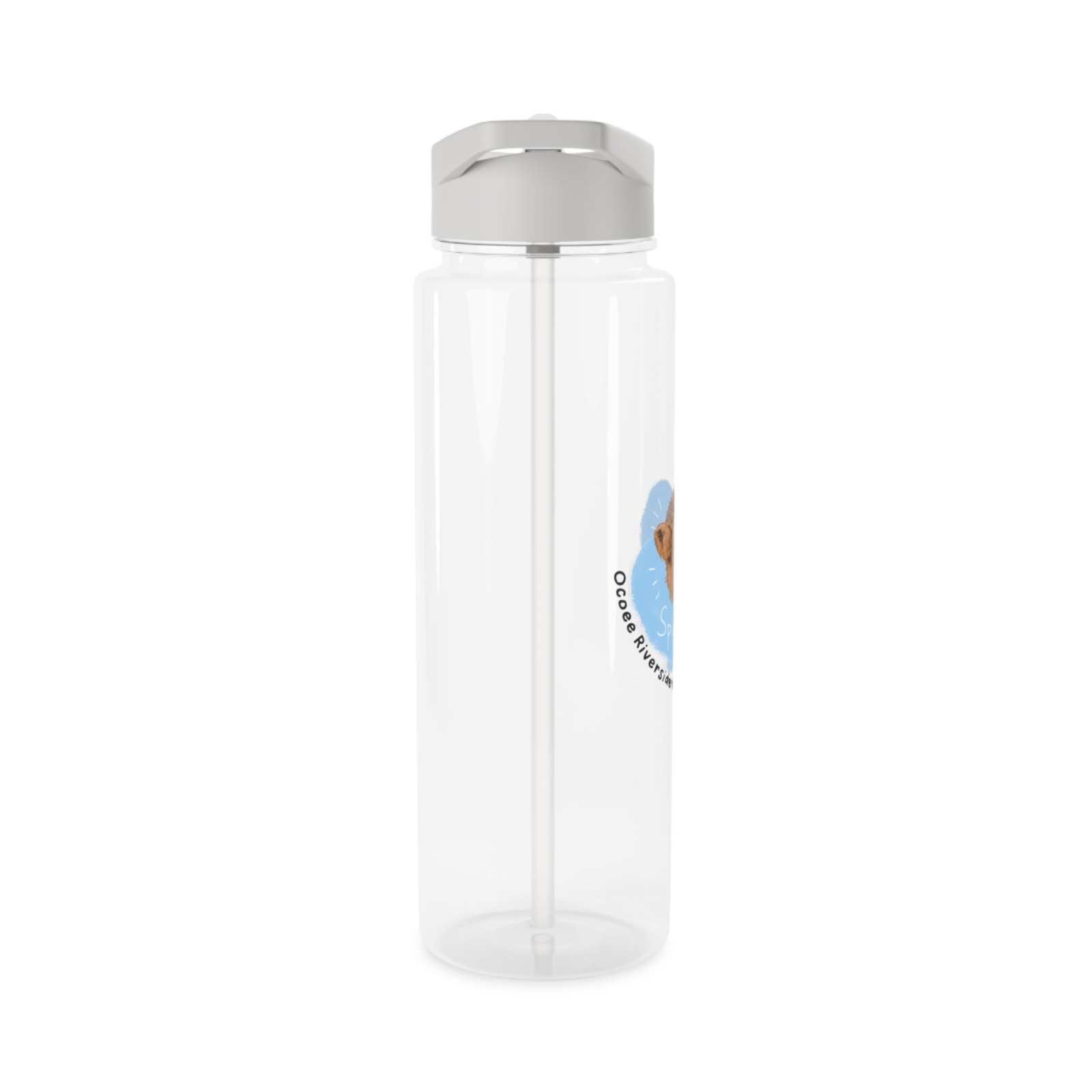Clear Cow Tritan water bottle with silver lid and built-in straw, farm animal-themed drinkware, BPA-free and leak-proof design.