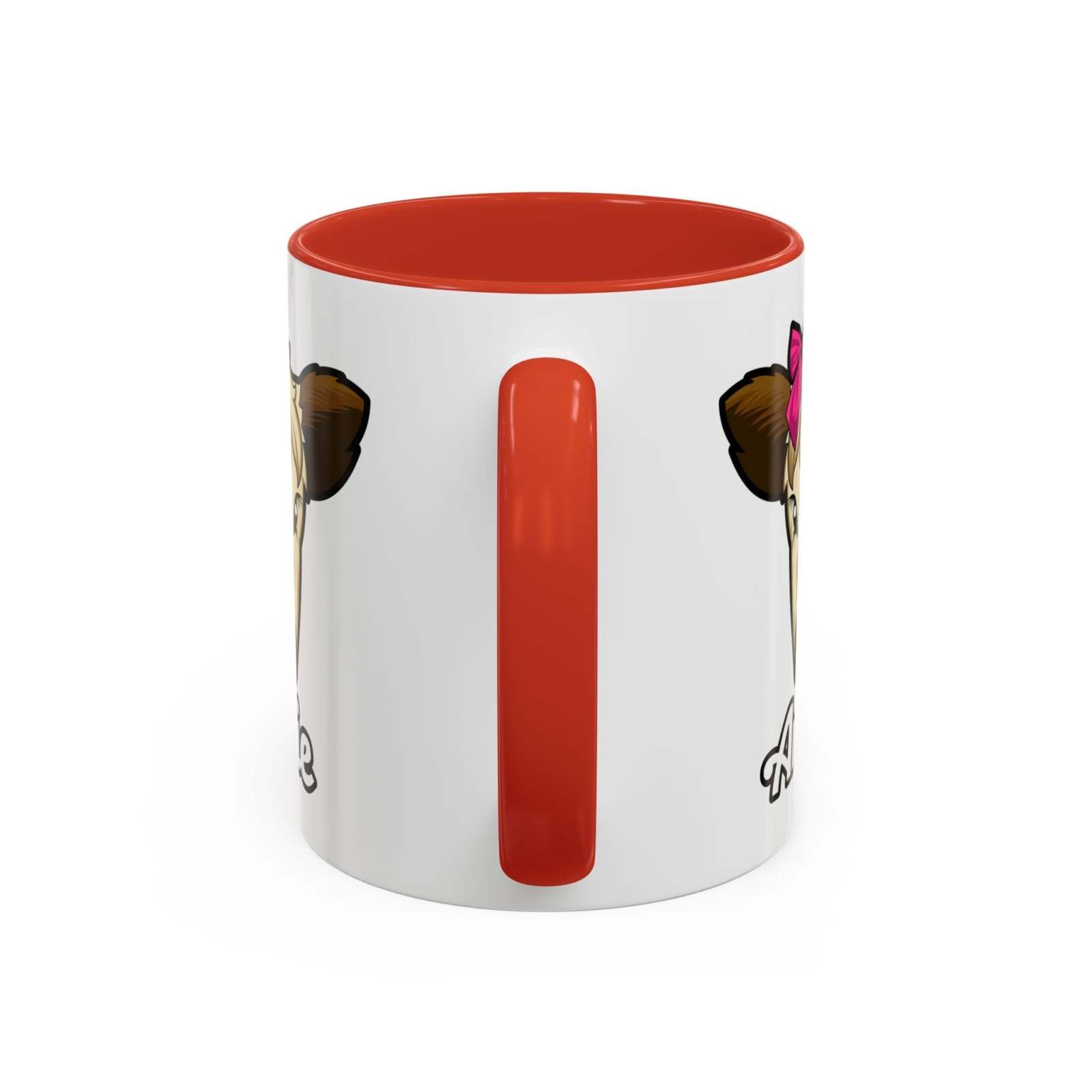 Farmhouse cow coffee mug with red handle and cow print, featuring a red bow design.