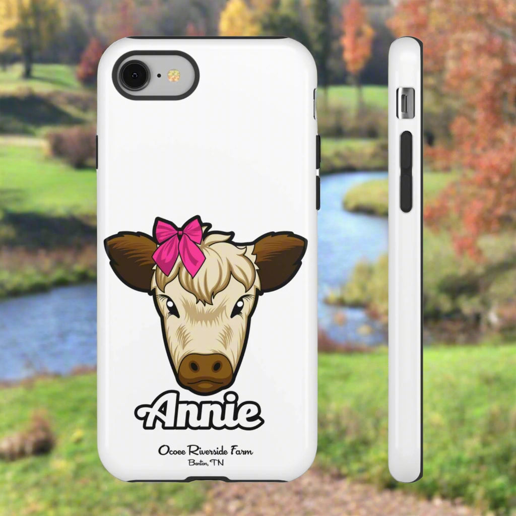 Cute cow phone case with red bow, ideal farm animal lover gift.