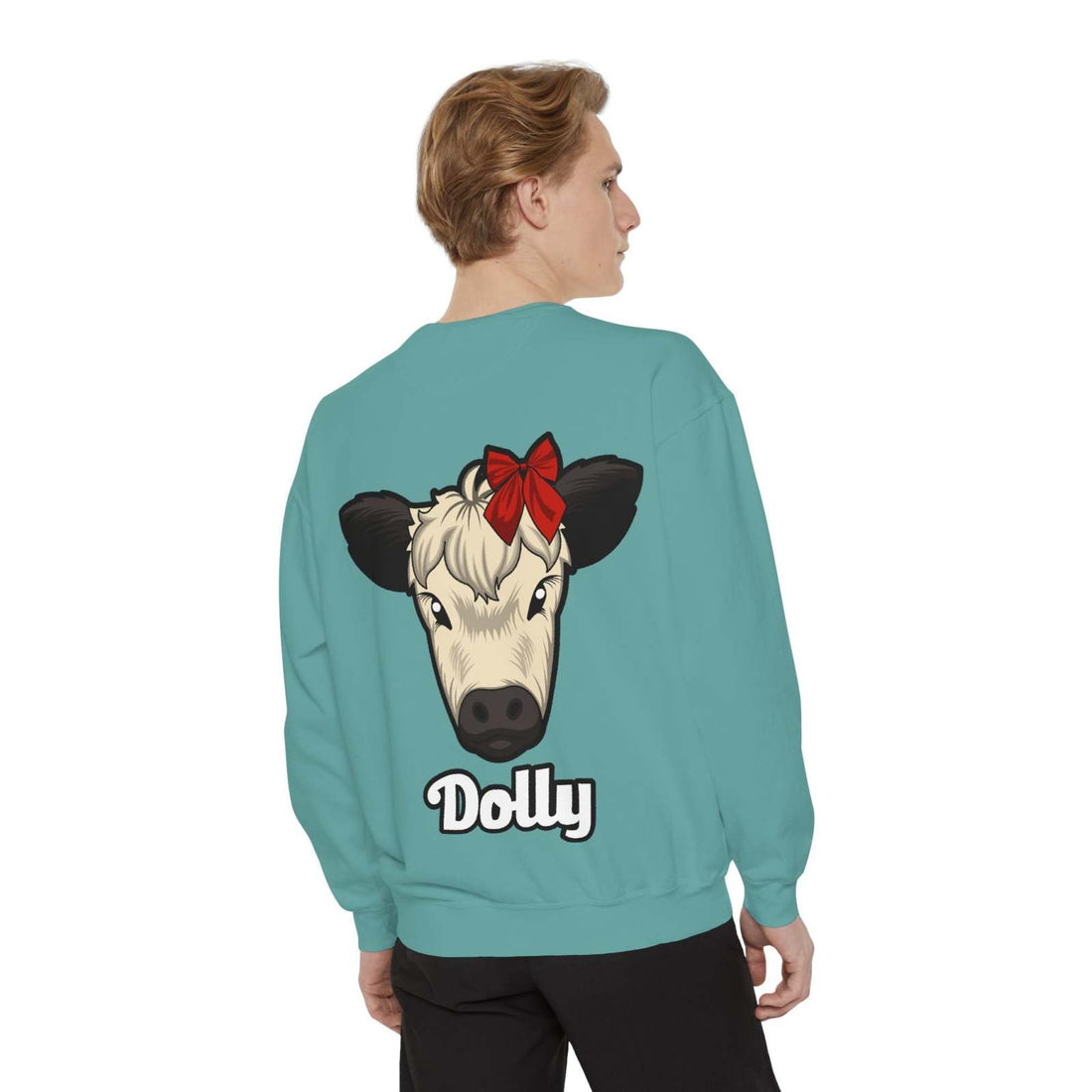 Farmhouse Cow Sweatshirt with Dolly the Red Bow Cow print, comfy and stylish.